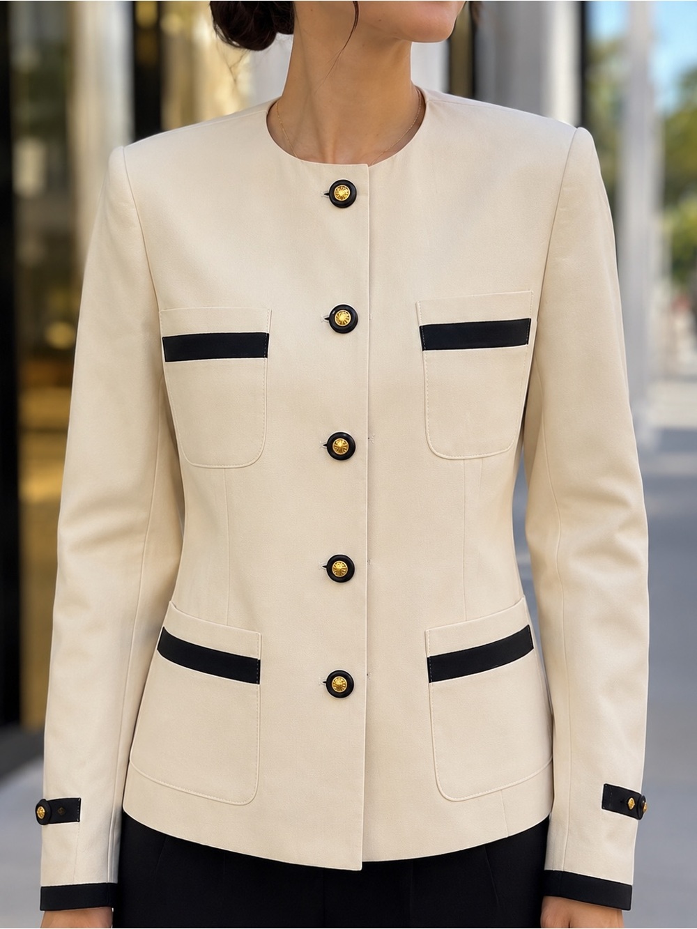 Louis Feraud Elegant Cream Women's Buttoned Jacket with Black Trim